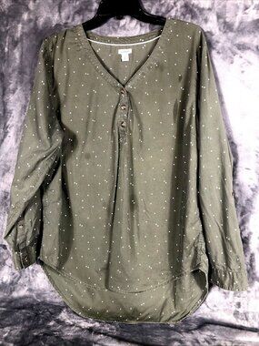 LL Bean V-Neck Womens Green Polka Dot Long Sleeve Shirt Size Adult X Large